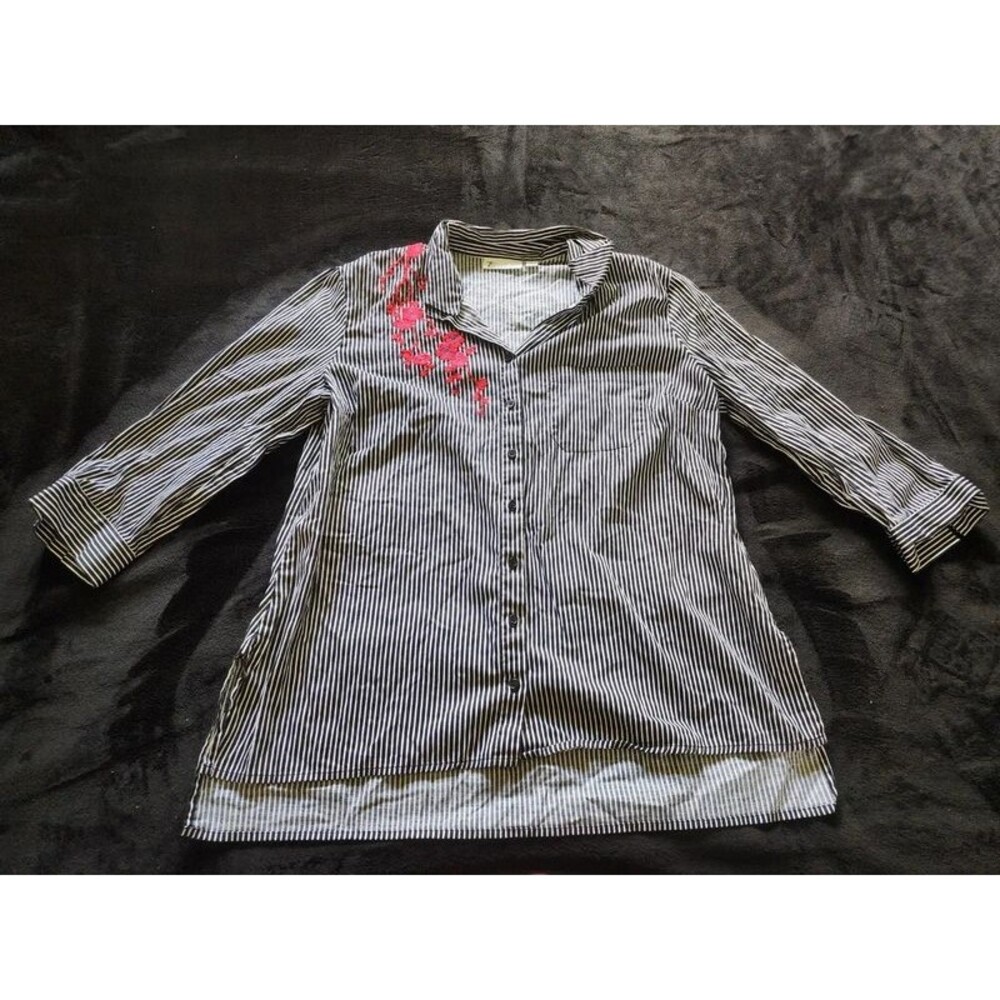 7th Avenue New York & Company Striped Floral Embroidered Shirt Womens XL